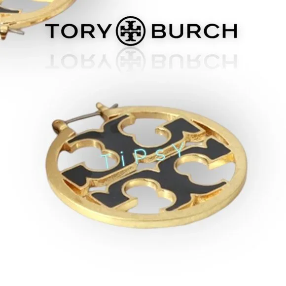 Beautiful Tory Burch Black and Gold Miller Hoop Earrings - Picture 4 of 7